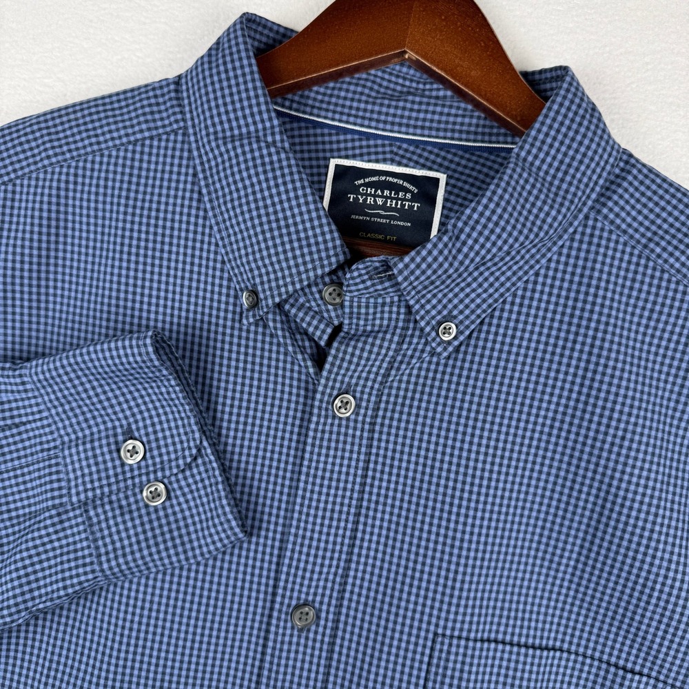 Charles Tyrwhitt Button Down Shirt Mens XL Blue Gingham Classic Fit Non-Iron